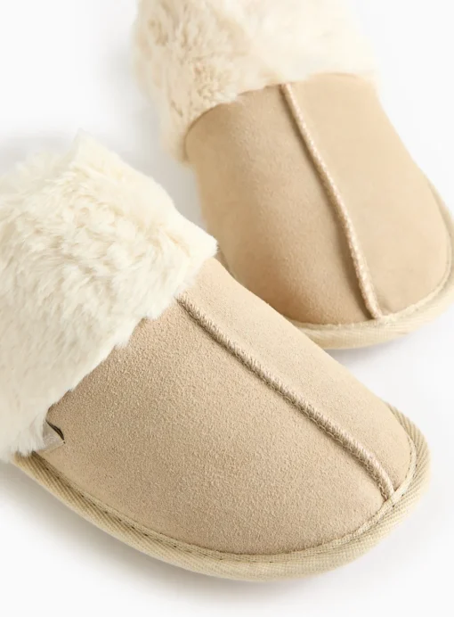 totes® Stone Suede Faux Fur Cuff Mule Slippers L
