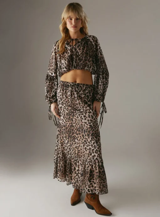 WAREHOUSE Animal Shadow Stripe Drawstring Waist Tier Maxi Skirt 10