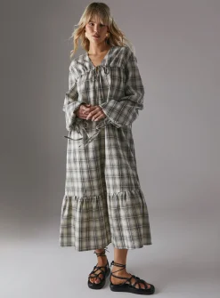 WAREHOUSE Gathered Channel Detail Check Midi Smock Dress 6