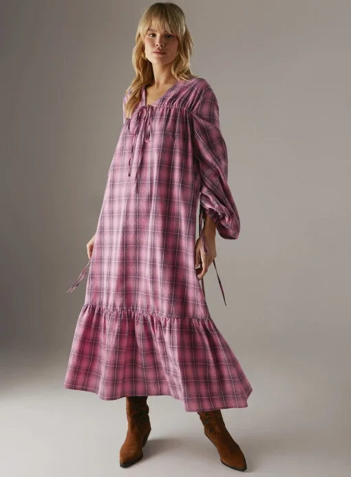WAREHOUSE Gathered Channel Detail Check Midi Smock Dress 8